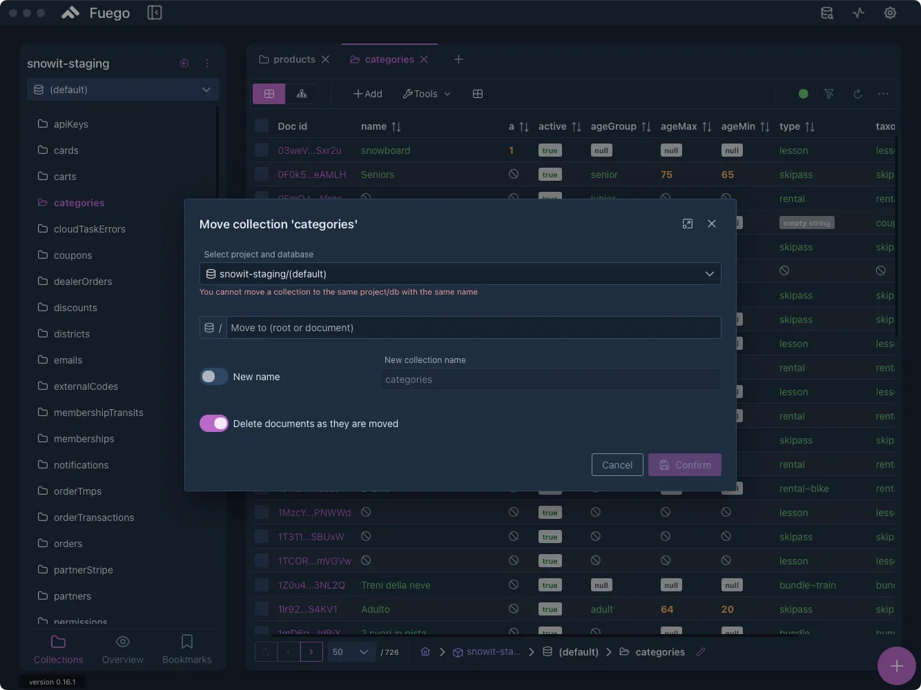 Fuego's Move collection dialog with the project and database picker, the destination path, the New name switch and the Delete documents as they are moved option