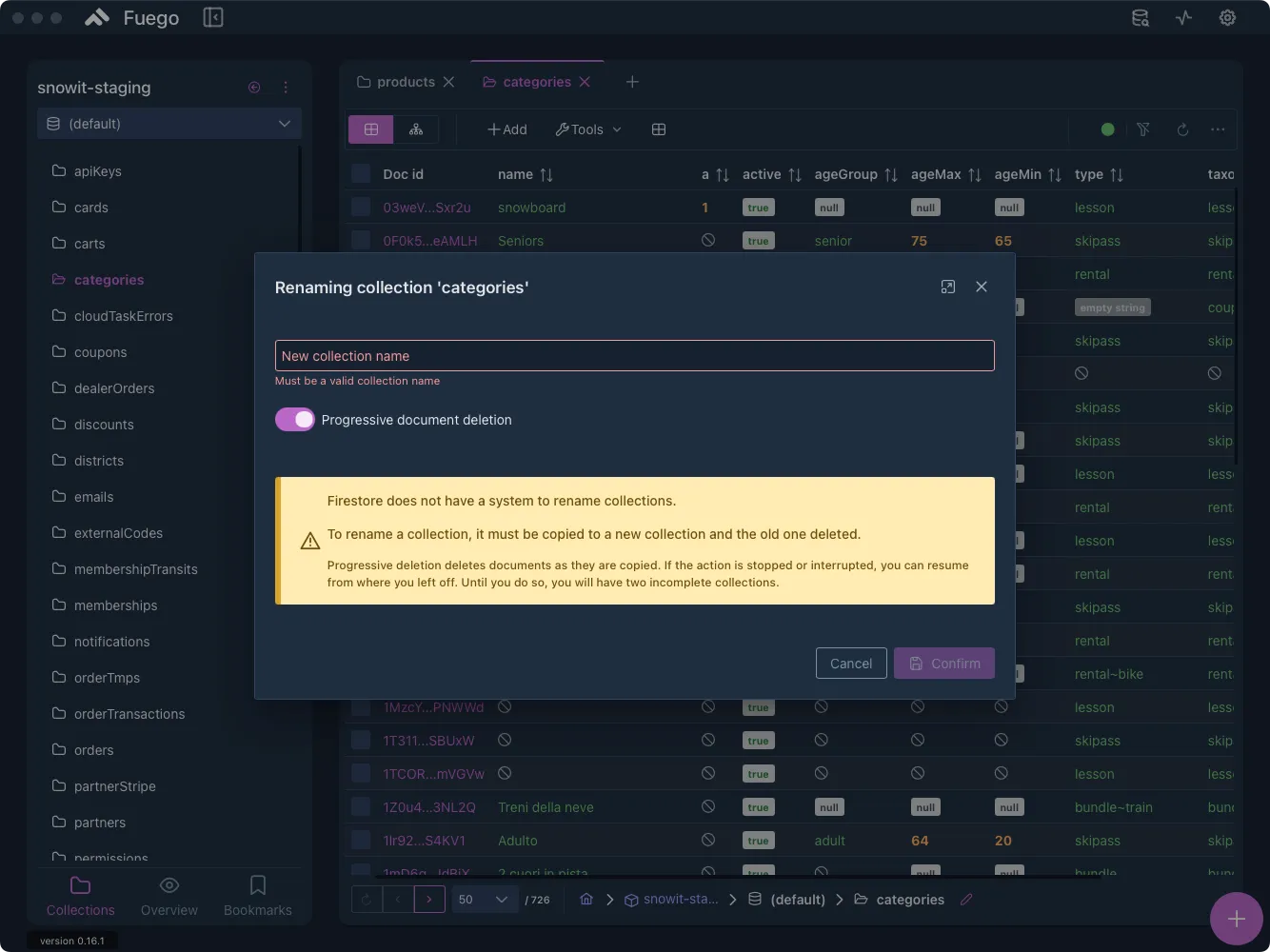 Fuego's Rename collection dialog with the new collection name field, the Progressive document deletion switch and a note that Firestore cannot rename collections