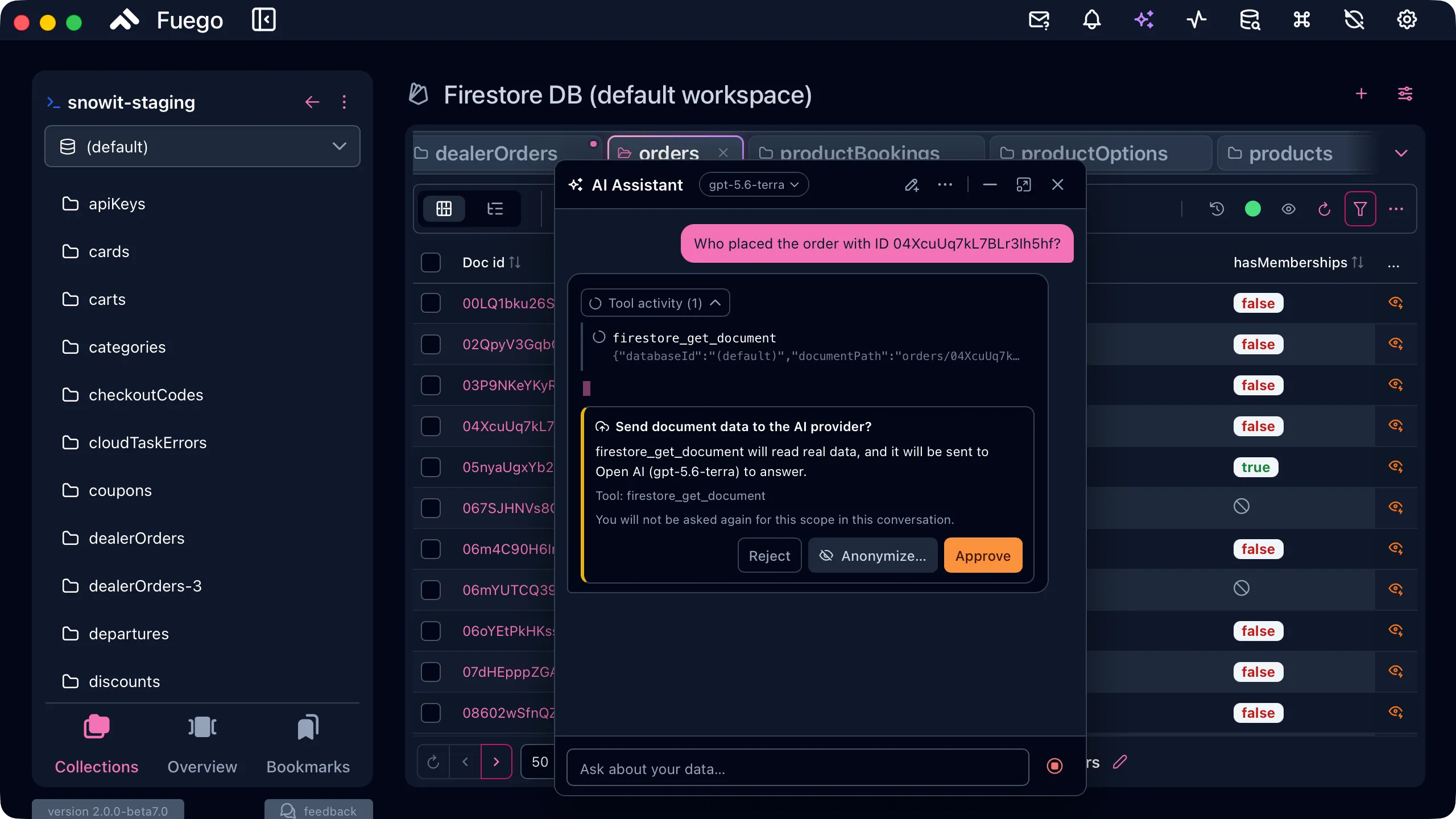 The assistant asking for consent before reading real data, with Reject, Anonymize and Approve