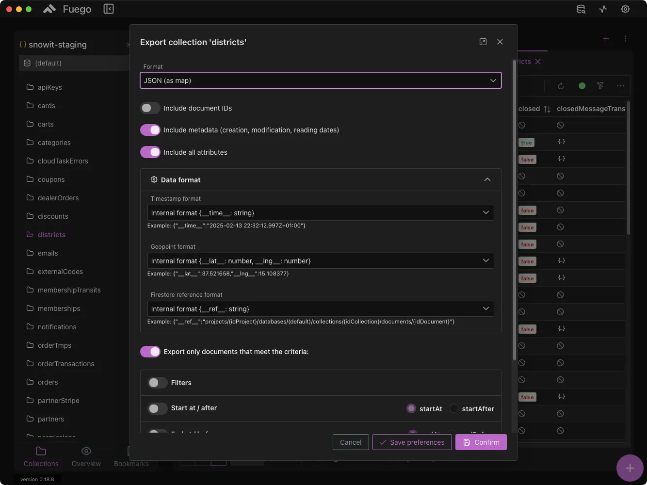Export documents from firestore
