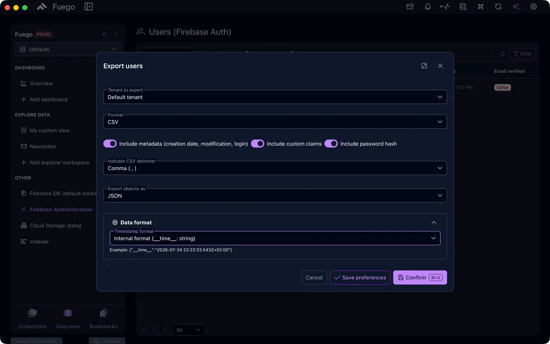 User Import & Export — Fuego screenshot