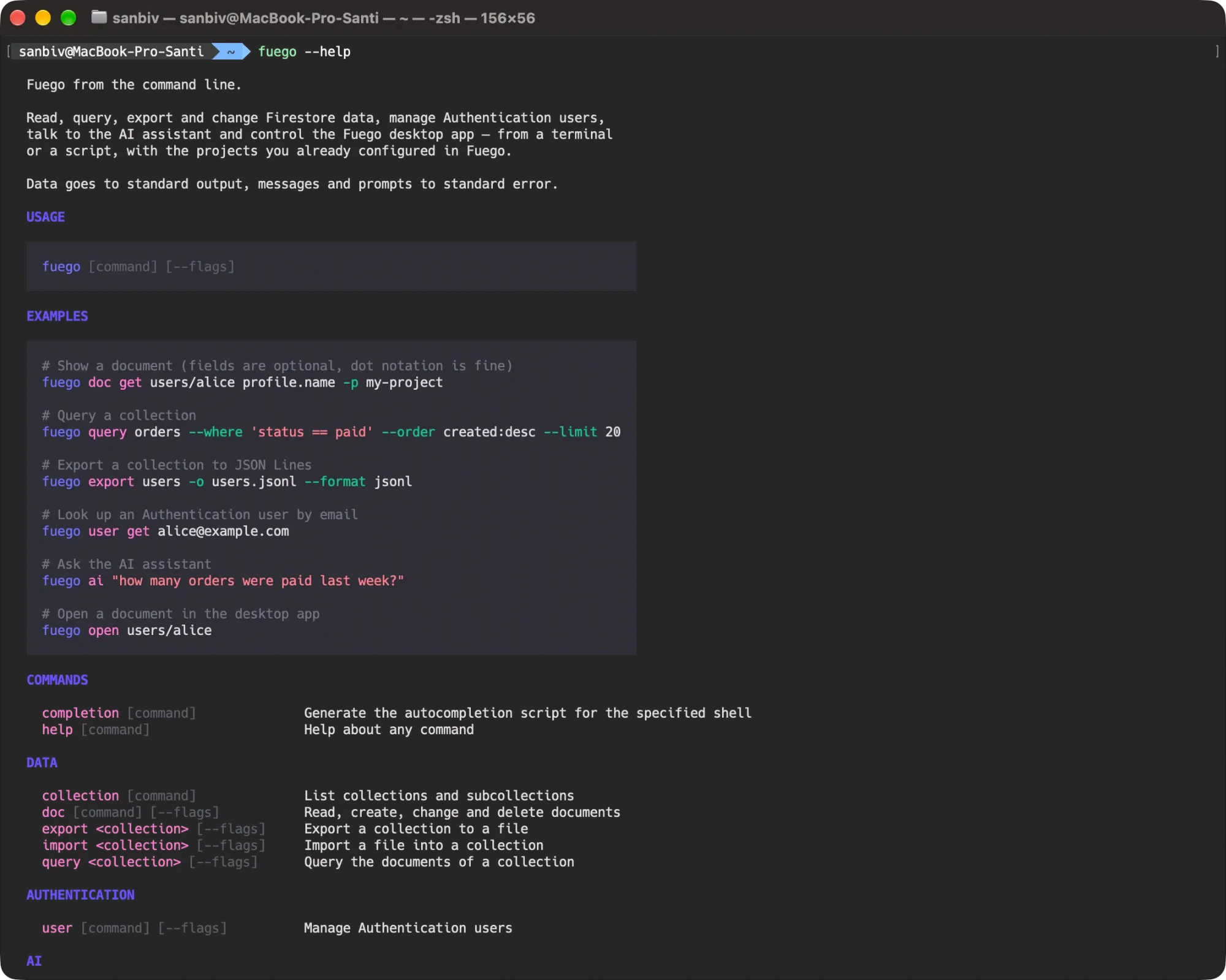 fuego --help in a terminal: usage, examples and the commands grouped by area