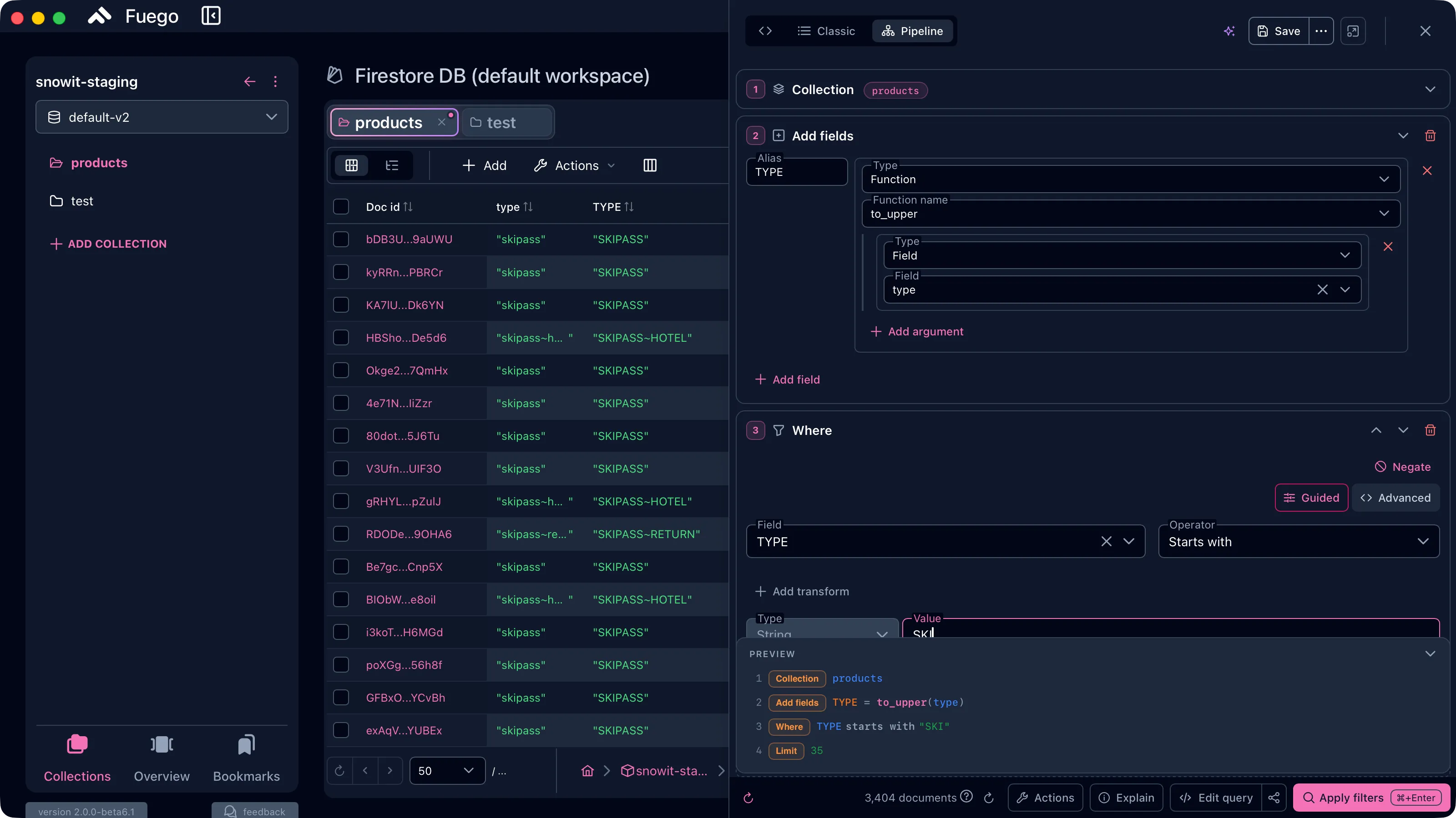Fuego pipeline query builder