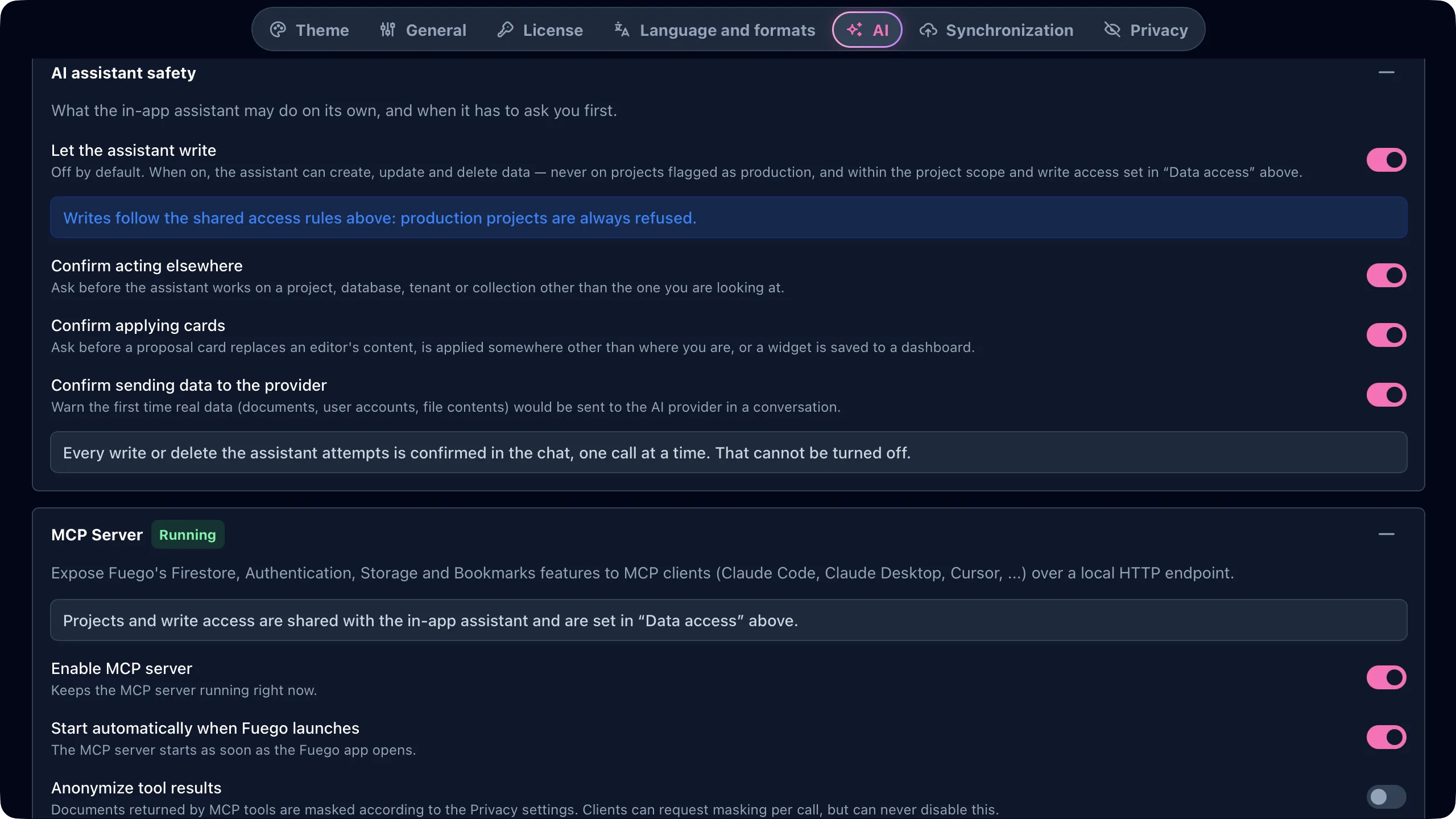 The MCP server panel: tool allowlist, project scope and anonymized tool results