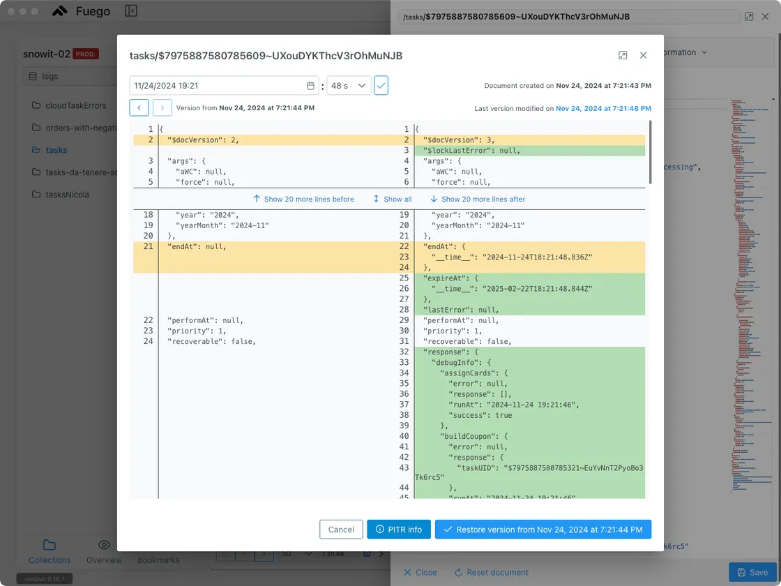 Point-In-Time Recovery (PITR) — Fuego screenshot