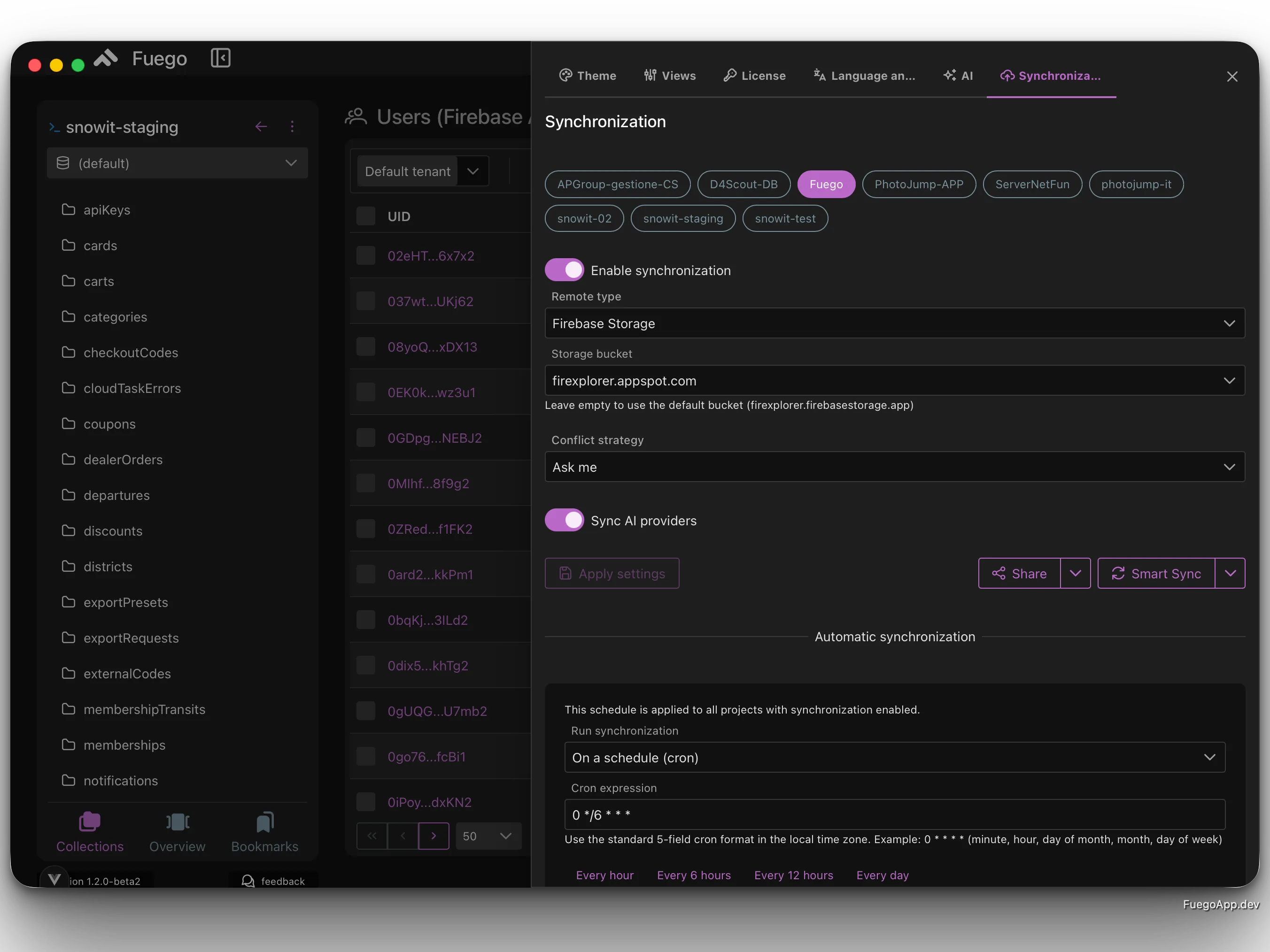 Synchronization settings panel