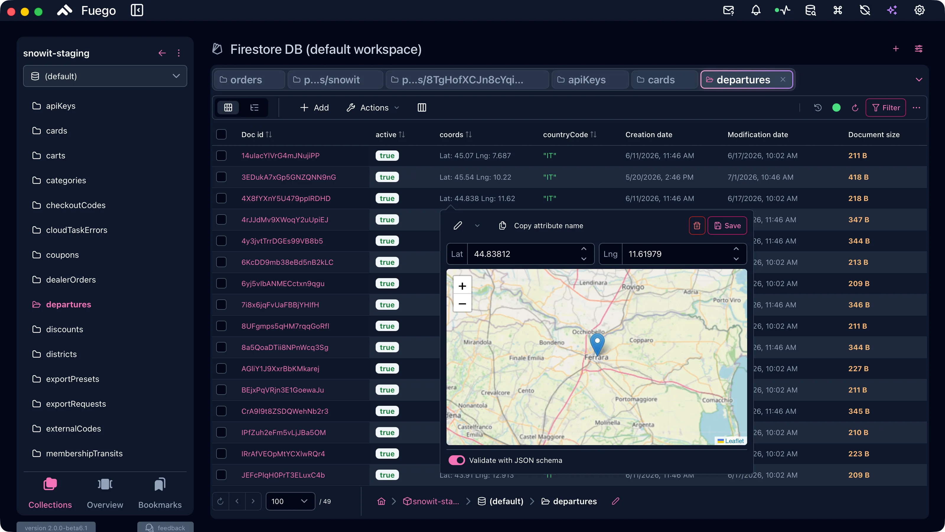 Fuego dashboard displaying Firebase project data