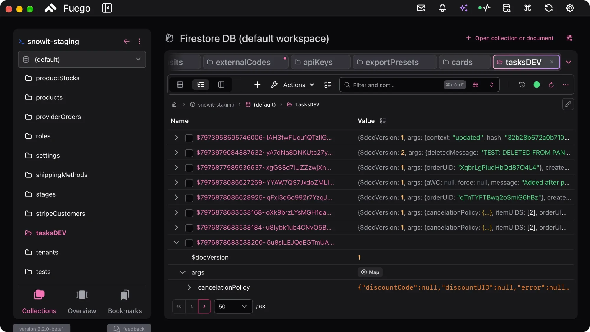 Tree view with collapsed documents previewing their fields in the Value column, next to an expanded document