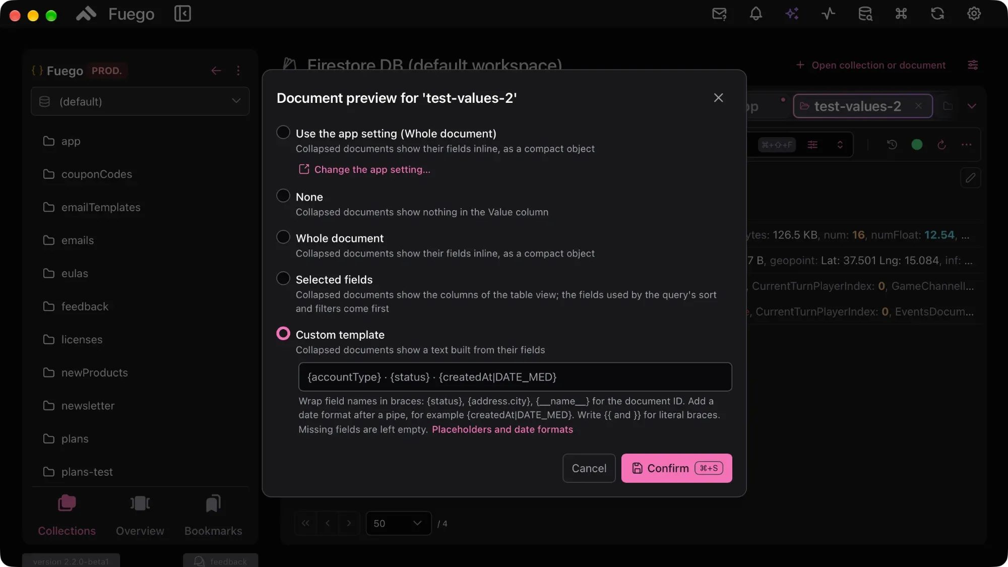 Document preview dialog for a collection, with the Custom template mode selected and a template using a date format